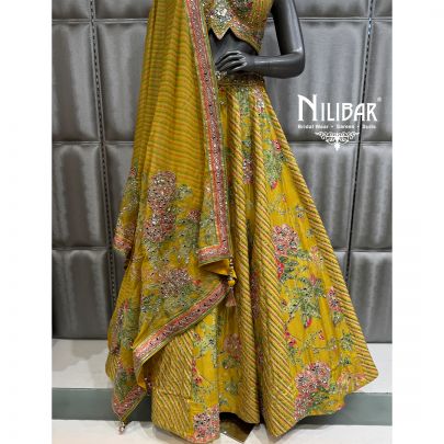 Lemon Silk Embroidered Crop Top Paired With Lehenga & Organza Dupatta
