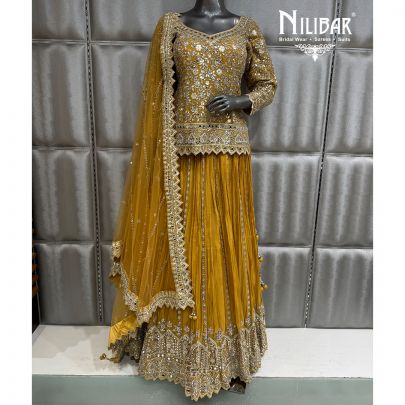 Yellow Net Short Top Paired With Lehenga & Organza Dupatta