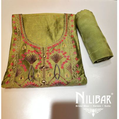 Moss Green Maheshwari Silk Unstitched Suit