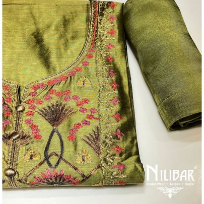Moss Green Maheshwari Silk Unstitched Suit