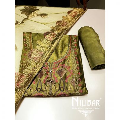 Moss Green Maheshwari Silk Unstitched Suit