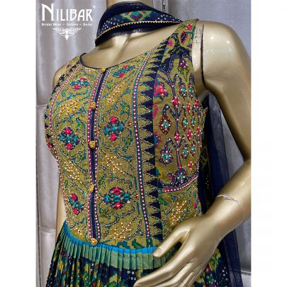 Blue and Green Silk Anarkali Suit