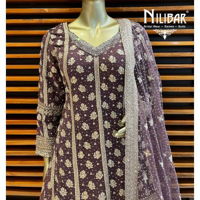 Dark Purple Georgette and Net Lehenga