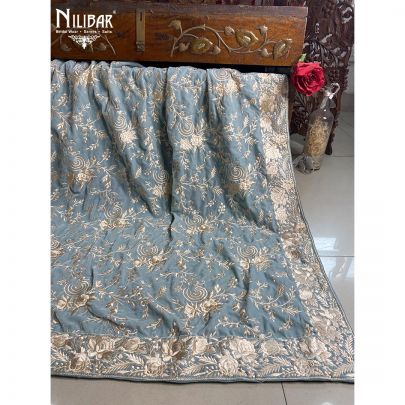 Sky Blue Velvet Parsi Dupatta
