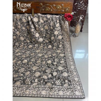 Fog Grey Velvet Parsi Dupatta