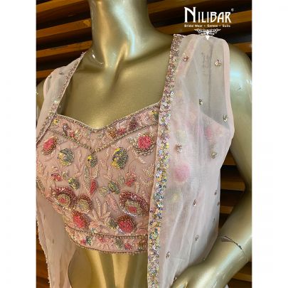 Flourescent Pink Georgette and Organza Panelled Palazzo Suit