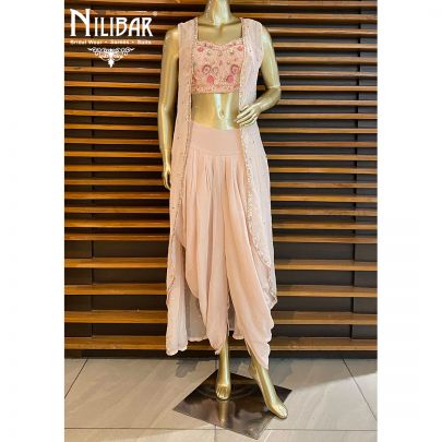Flourescent Pink Georgette and Organza Panelled Palazzo Suit