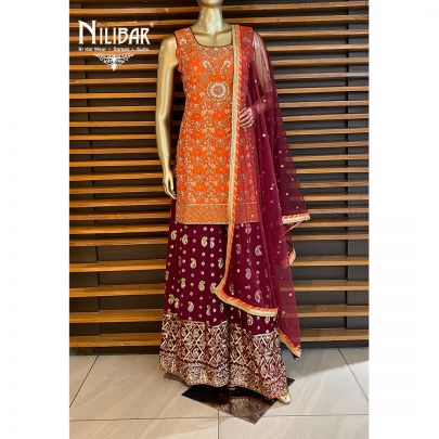 Orange and Wine Red Georgette and Net Sharara Suit