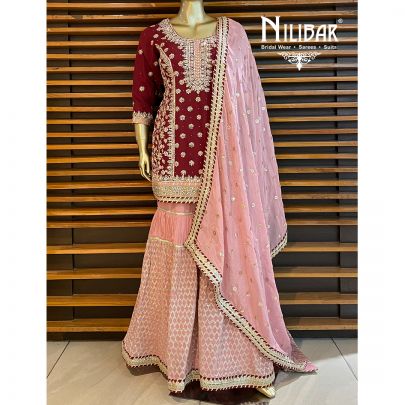 Wine Georgette and Chinon Garara Suit