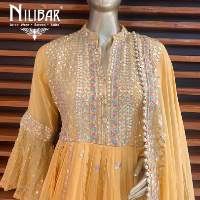 Yellow Georgette and Chinon Peplum Suit