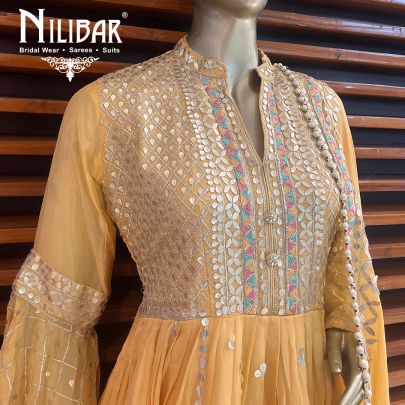 Yellow Georgette and Chinon Peplum Suit