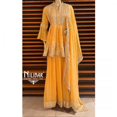 Yellow Georgette and Chinon Peplum Suit