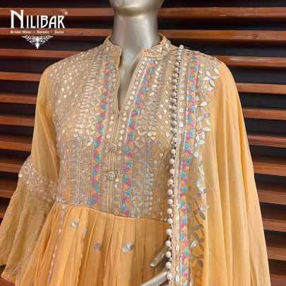 Yellow Georgette and Chinon Peplum Suit