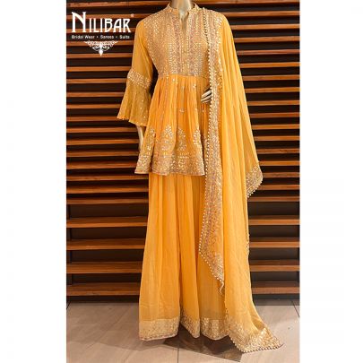 Yellow Georgette and Chinon Peplum Suit