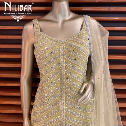 Oilve Green Georgette and Net Palazzo Suit