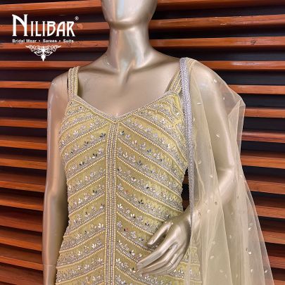 Oilve Green Georgette and Net Palazzo Suit