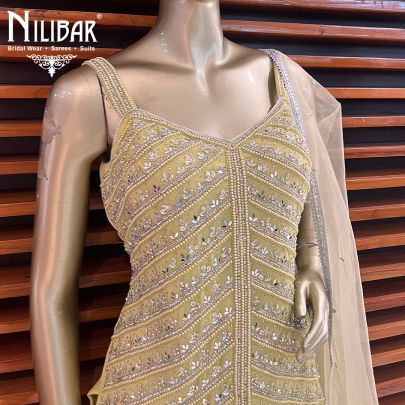 Oilve Green Georgette and Net Palazzo Suit