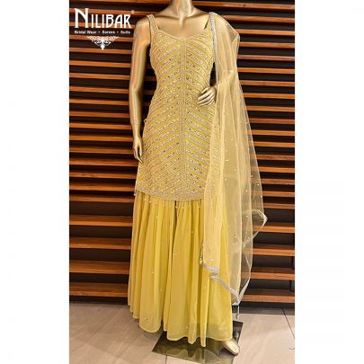 Oilve Green Georgette and Net Palazzo Suit