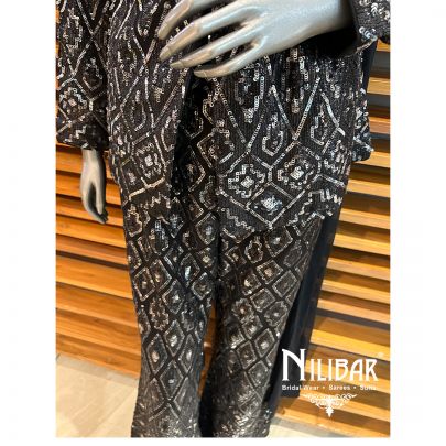 Black Georgette Bell Bottom Blazer Style Top Suit