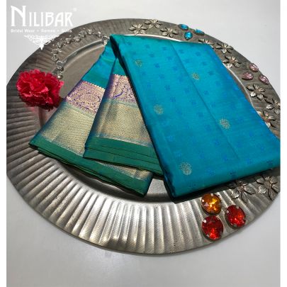Cyan Blue Silk Banarasi Saree