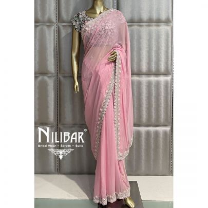 Pink and Green Georgette  Saree