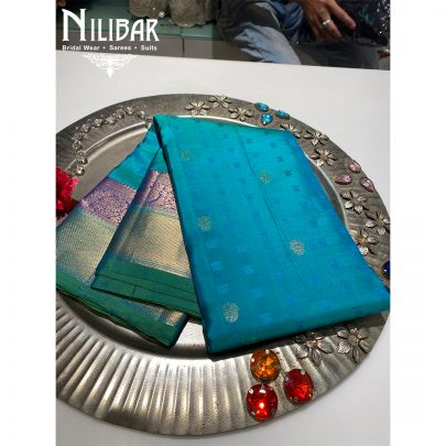 Cyan Blue Silk Banarasi Saree