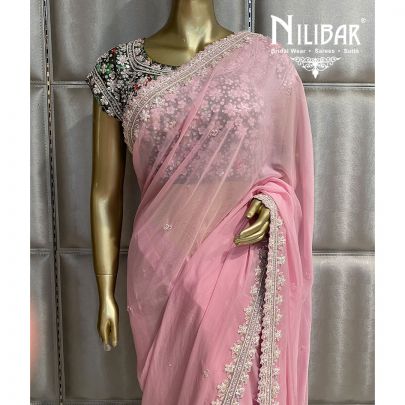 Pink and Green Georgette  Saree