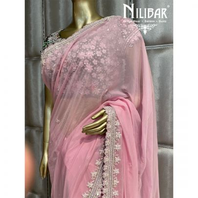 Pink and Green Georgette  Saree
