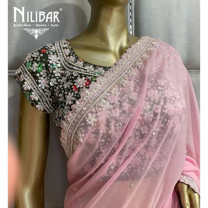 Pink and Green Georgette  Saree