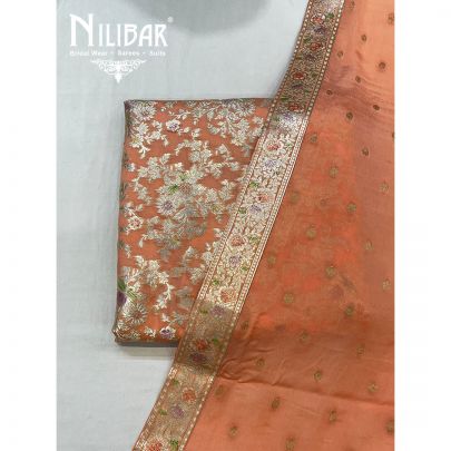 Peach Banarasi Silk Unstitched Suit 