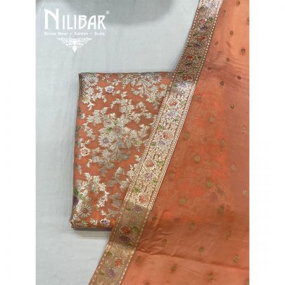 Peach Banarasi Silk Unstitched Suit 