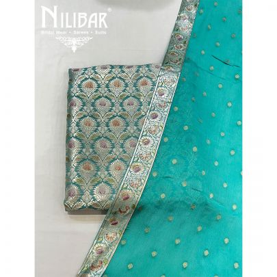 Olive Green Banarasi Silk and Chiffon Unstitched Suit