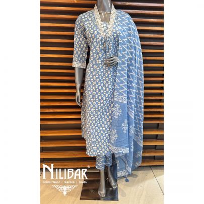 Blue Cotton Sequin Pant Suit