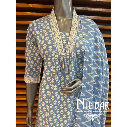 Blue Cotton Sequin Pant Suit