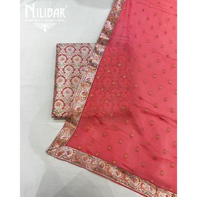 Watermelon Banarasi Silk and Chiffon Unstitched Suit