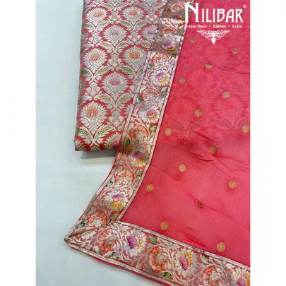 Watermelon Banarasi Silk and Chiffon Unstitched Suit