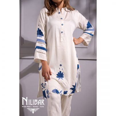 Blue and White  Cotton Kurti Set
