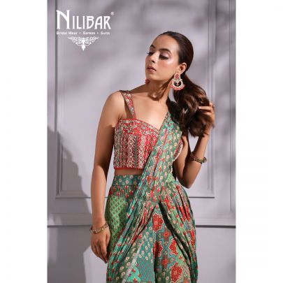 Red and Green Georgette Draped Saree
