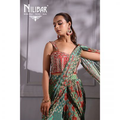 Red and Green Georgette Draped Saree