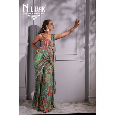 Red and Green Georgette Draped Saree