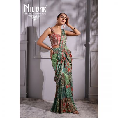 Red and Green Georgette Draped Saree