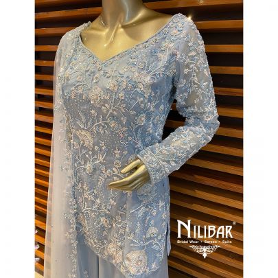 Ice Blue Net and Organza Palazzo Suit
