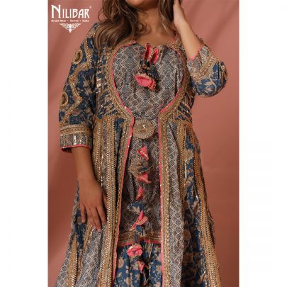 Blue Cotton and Net Anarkali Suit