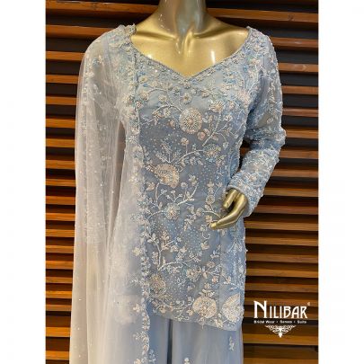 Ice Blue Net and Organza Palazzo Suit