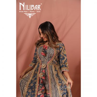 Blue Cotton and Net Anarkali Suit