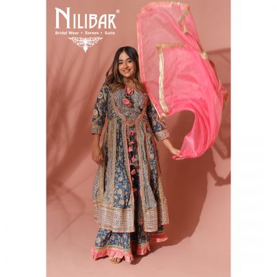 Blue Cotton and Net Anarkali Suit
