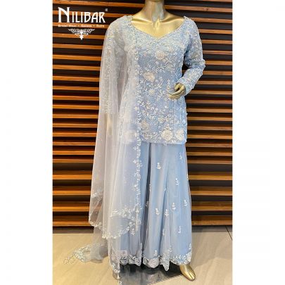 Ice Blue Net and Organza Palazzo Suit