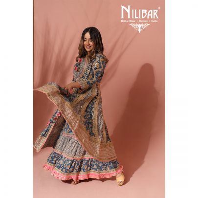 Blue Cotton and Net Anarkali Suit