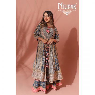 Blue Cotton and Net Anarkali Suit