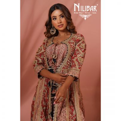 Berry Red Cotton and Net Anarkali Suit